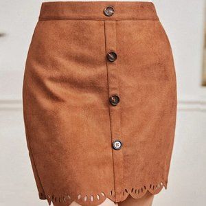 SHEIN Laser Cut Out Brown Button Mini Pencil Skirt, Medium, US 6, Side Zipper